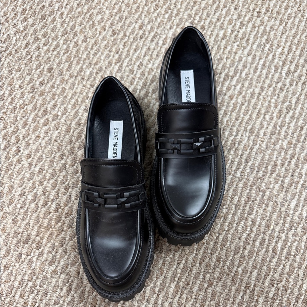 Steve Madden Black Leather Slip-On Penny Loafers